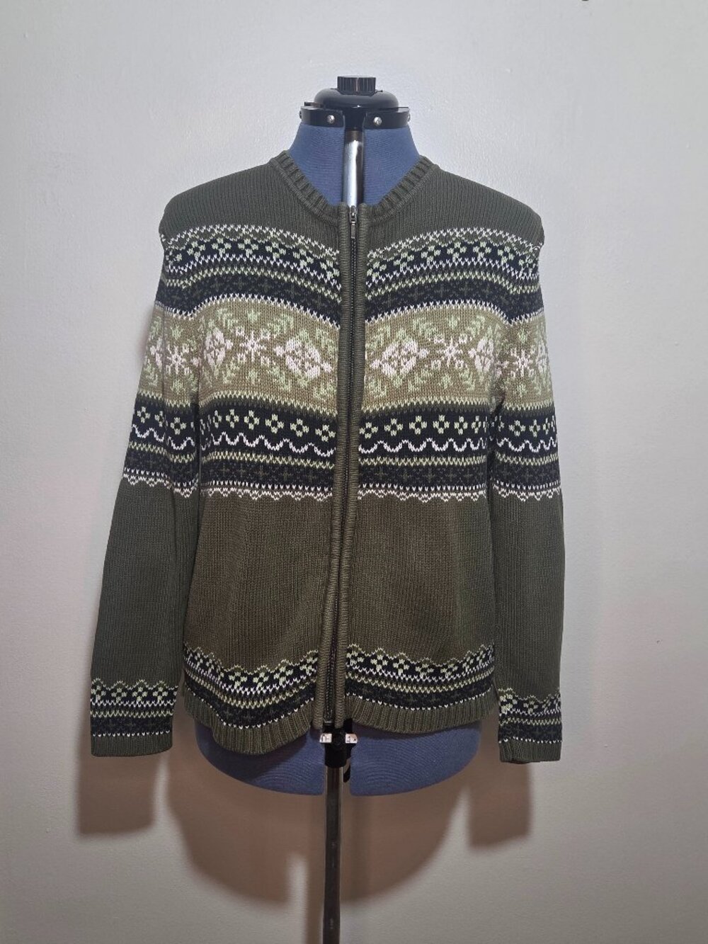 Croft and Barrow Green Cotton Blend Fair Isle Crew Neck Zipper Cardigan